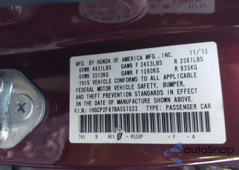 2011 Honda Accord 2.4 Ex-L z USA, uszkodzony, nr VIN 1HGCP2F87BA057022